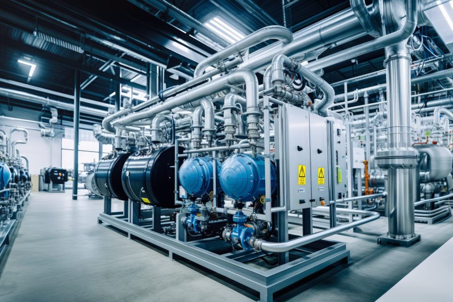 Interior of hydrogen production and processing plant, large storage tanks with pipes near. H2 manufacturing as imagined by Generative AI